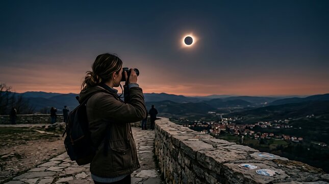 Photographer taking picture of total solar eclipse over mountain valley