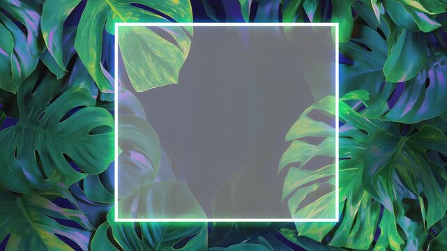 Lush green tropical monstera foliage frame with glowing square border and semi-transparent center overlay