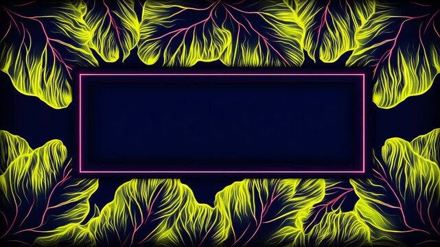 Abstract glowing lime green leaves pattern on dark navy background with central pink neon rectangular frame