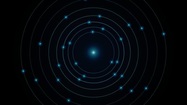 Futuristic digital atom model with glowing blue particles. Abstract scientific motion graphics of circular energy orbits. High-tech physics visualization.