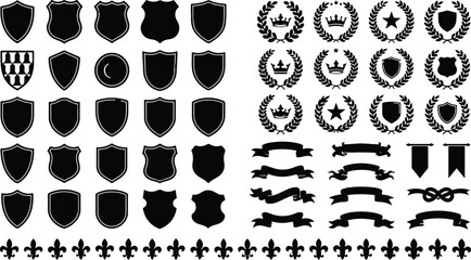 Collection of black vintage heraldic shields laurel wreaths ribbons and fleur de lis symbols shield collection heraldic © Prodip