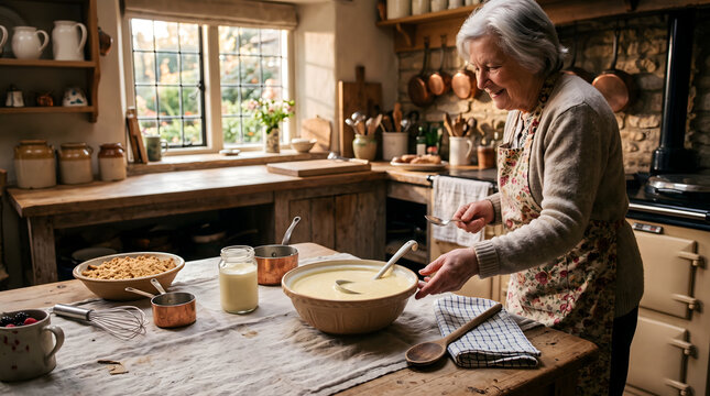 Senior woman baking in rustic country kitchen preparing homemade dessert