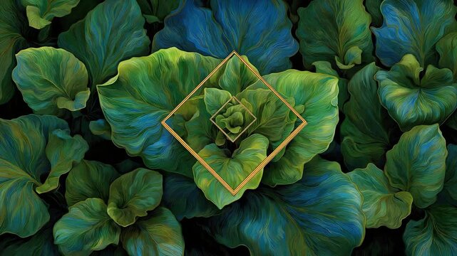 Lush green and teal cabbage foliage with golden geometric square overlay in central composition