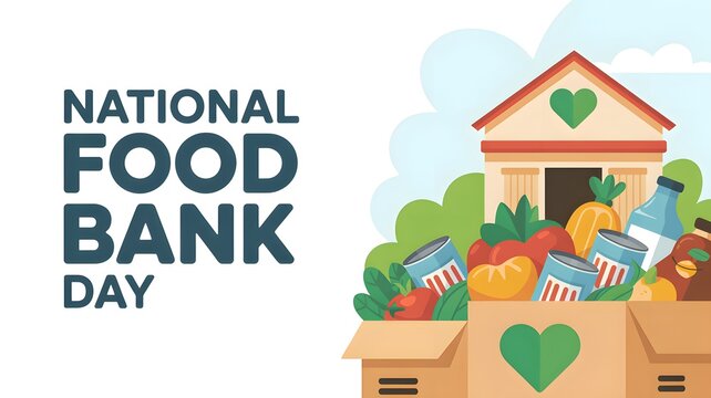 National food bank day illustration with donation boxes filled with fresh produce and canned food items