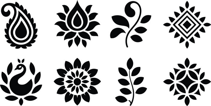 Set of eight black decorative vector icons featuring traditional indian ethnic floral and paisley patterns