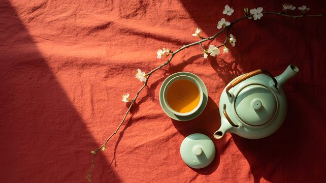 A traditional tea set with a ceramic teapot and cup on a textured orange cloth background