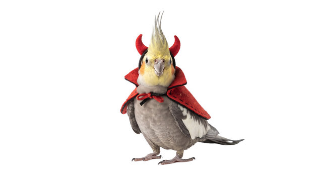 Cockatiel wearing a tiny red devil costume with miniature horns. Isolated on White background