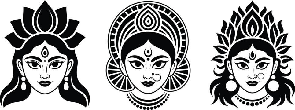 Set of three black and white goddess durga face illustrations