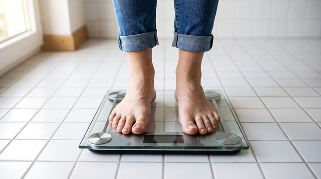 Person Standing on Glass Digital Weight Scale in Tiled Bathroom Wearing Jeans Skinny Denim for Fitness Monitoring Weight Loss and Health Care Tracking