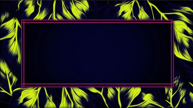 Abstract glowing lime green leaves pattern on dark navy background with central pink neon rectangular frame