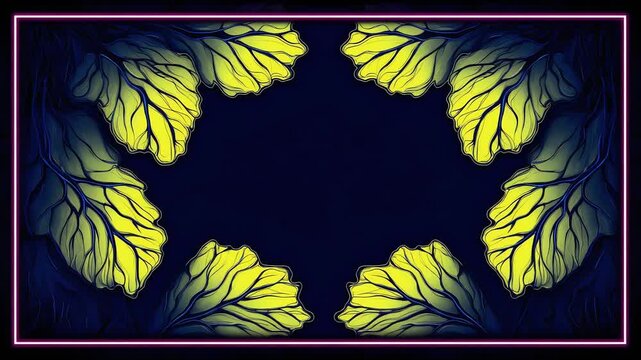 Abstract glowing lime green leaves framed symmetrically around dark center with outer pink neon border