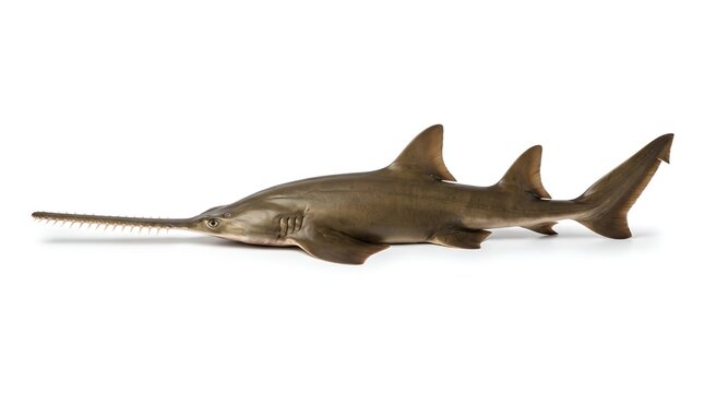 Side view of a sawtooth shark isolated on white background.