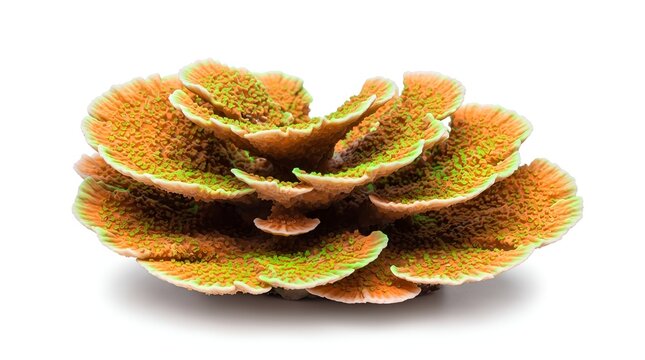 Vibrant orange and green coral specimen isolated on white background.