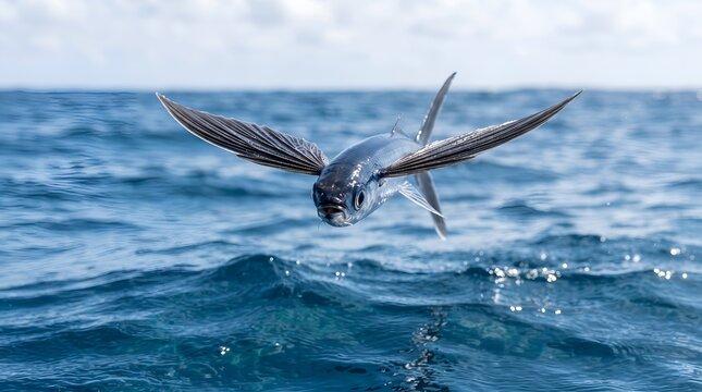 A beautiful flying fish gliding over the blue ocean surface.