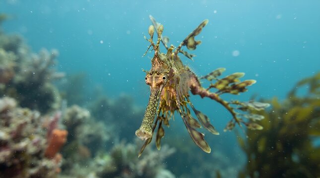 A leafy seadragon swimming underwater in the ocean.