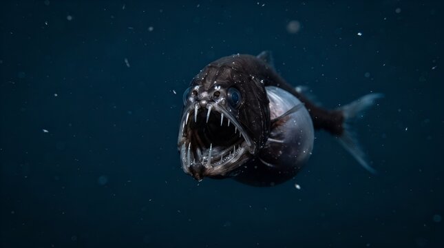Deep sea fangtooth fish swimming in the dark ocean.