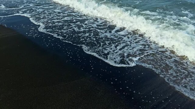 Waves roll in and crash onto the dark sand. The ocean creates a line of foam as it meets the shore. This scene happens on a sunny day at the beach.