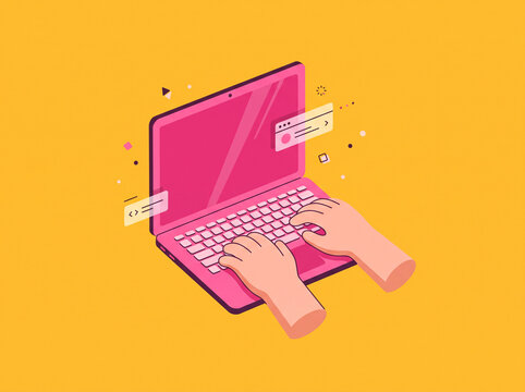 Isometric flat vector illustration of hands typing on a pink laptop keyboard with floating code symbol and web window elements on a yellow background.