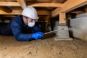 Fototapeta premium Worker inspecting crawlspace under wooden floor joists