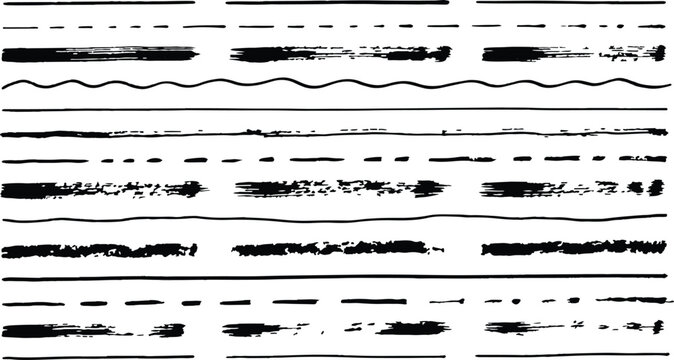 Hand drawn ink brush strokes and lines set with grunge lines black lines white background abstract collection isolated