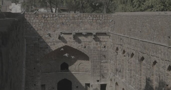 Agrasen Ki Baoli or Ki Baoli in New Delhi. Pigeons Soaring in Front of Weathered Ancient Walls slow motion, slow motion footage,
