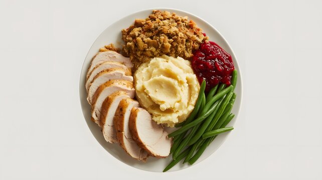 A traditional thanksgiving dinner plate featuring sliced turkey breast mashed potatoes stuffing green beans and cranberry sauce
