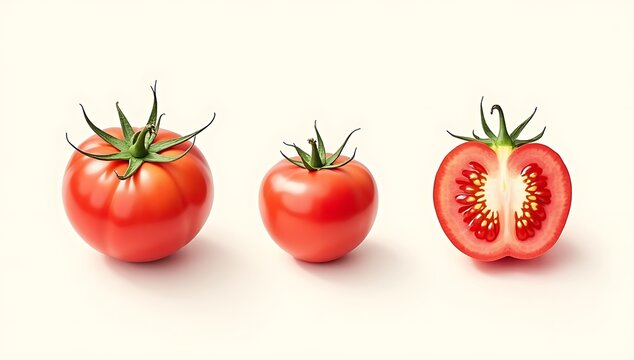Fresh red tomatoes whole and sliced in half showing juicy seeds and healthy green stems
