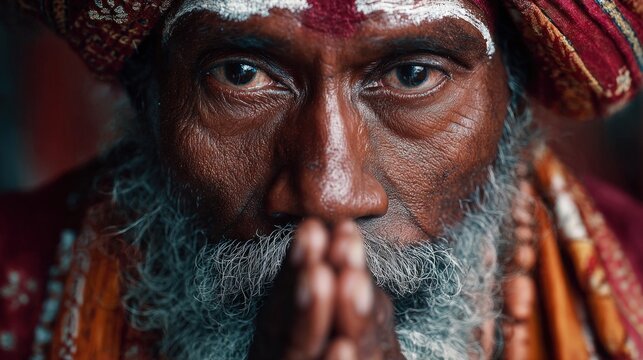 Elderly spiritual man praying with folded hands