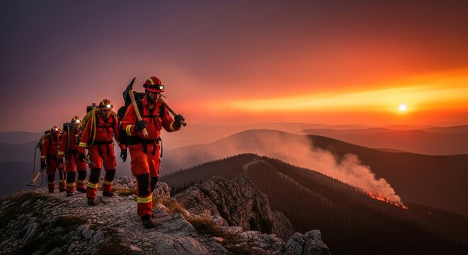 A professional team in protective gear traverses a rocky mountain path, transporting axes and heavy gear toward a distant forest wildfire, adventure, wildfire, climbing