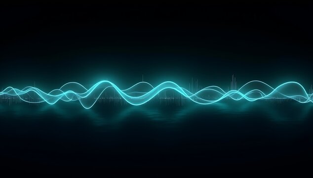 Glowing cyan sound wave equalizer lines on a dark black background for digital audio design