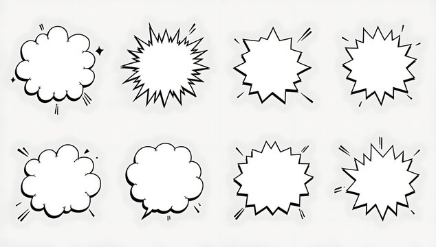 Set of hand drawn comic speech bubbles and sound effect explosion shapes for cartoon design