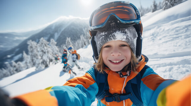 Smiling child wearing ski goggles and winter sports clothing on a snowy mountain, representing skiing, winter recreation, family travel, outdoor adventure, and active childhood.