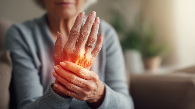 Close-up of an older woman holding her painful wrist with visible inflammation, illustrating wrist pain, arthritis, joint inflammation, musculoskeletal disorders, and healthcare concepts.