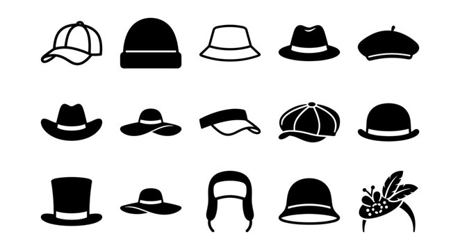 Collection of various hat silhouettes including caps, beanie, bucket, fedora, beret, cowboy, sun hat, visor, newsboy, bowler, top hat on transparent background