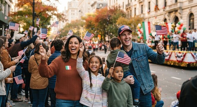 Happy family enjoying a colorful historical street parade with flags and festive decorations, representing cultural celebration, tourism, community, and family travel.