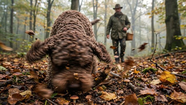 Brown Lagotto Romagnolo dog digging for truffles in an autumn forest with a truffle hunter carrying a basket in the background foraging for wild mushrooms