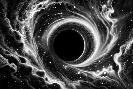 Massive blackhole surrounded by a cosmic nebula, rendered in intricate dotwork and pointillism vector illustration. A deep universe exploration.