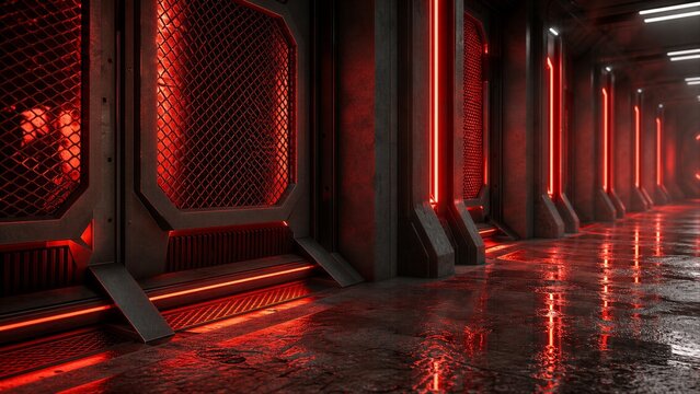 Underground sci-fi corridor with ambient glow, featuring metal mesh panels and stone floor. A futuristic 3D rendered hangar showroom.