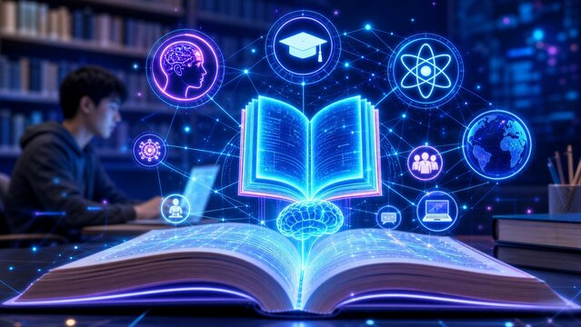 E-learning and Holographic Book with Artificial Intelligence Icons for Digital Education and Global Research in a Futuristic Cyberspace.