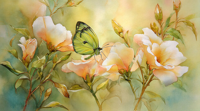 watercolor botanical butterfly and flowers texture template background. Design for wedding, vip cover, poster, rsvp moderncard.Valentine's Day