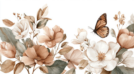 Fototapeta premium watercolor botanical butterfly and flowers texture template background. Design for wedding, vip cover, poster, rsvp moderncard.Valentine's Day