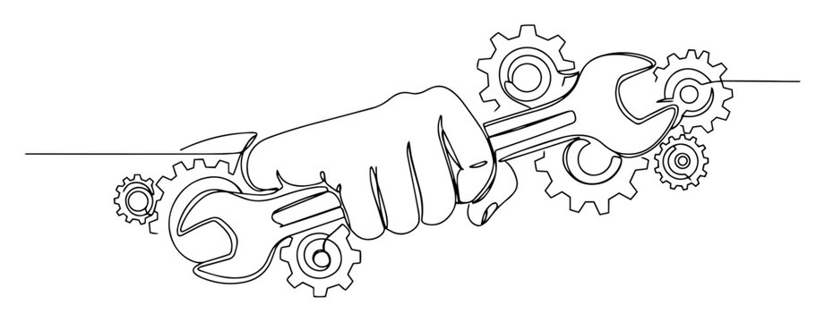 Hand holding wrench with gears monoline vector