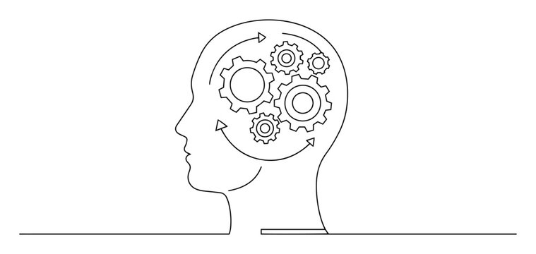 Head with gears thinking concept monoline vector