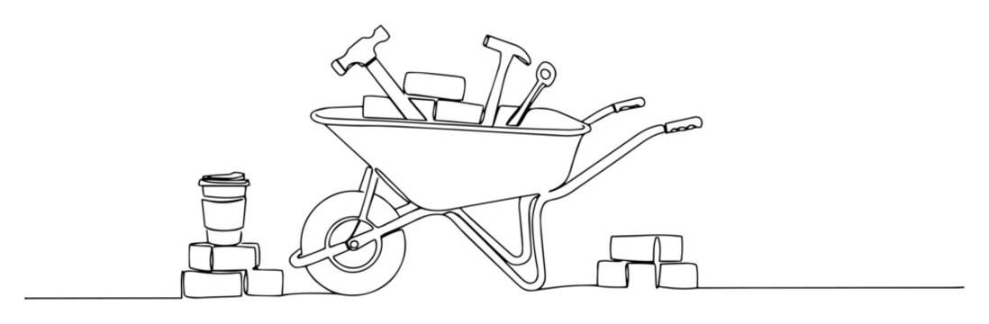 Construction wheelbarrow with tools monoline vector