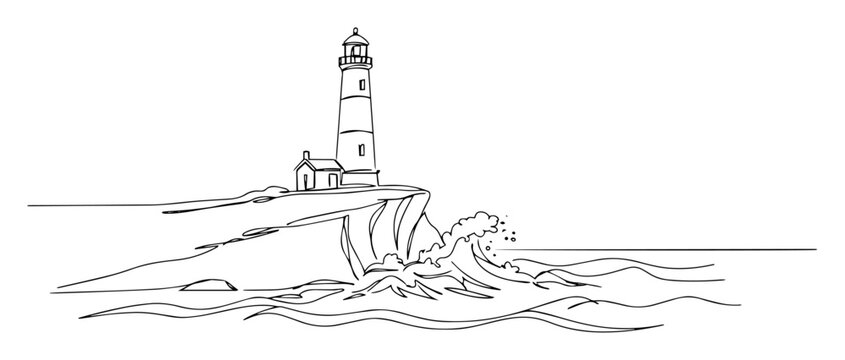 Lighthouse on cliff with crashing waves minimal line art