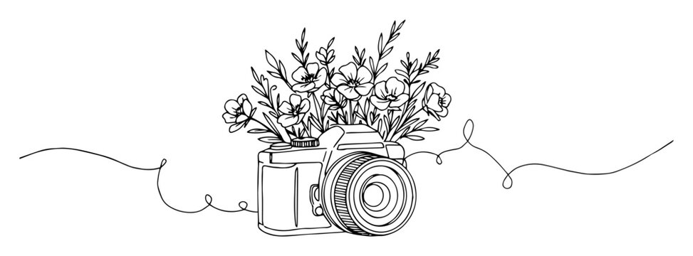 Photo camera with bouquet of flowers line drawing