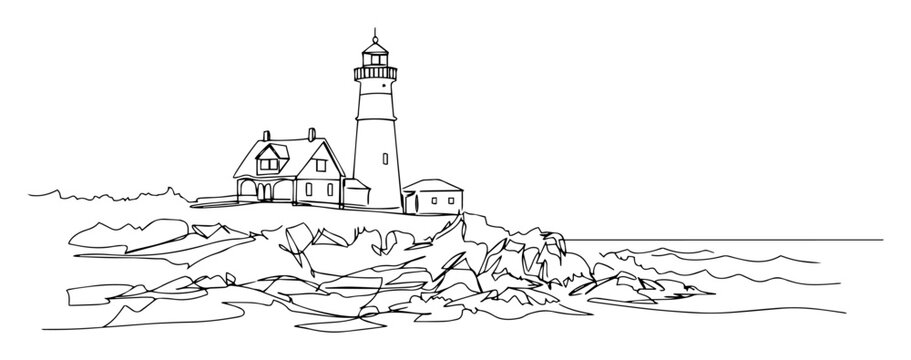 Coastal lighthouse with buildings on rocky shore