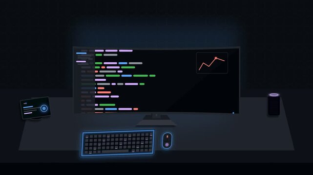 Programming code streaming on a dark computer terminal screen at night