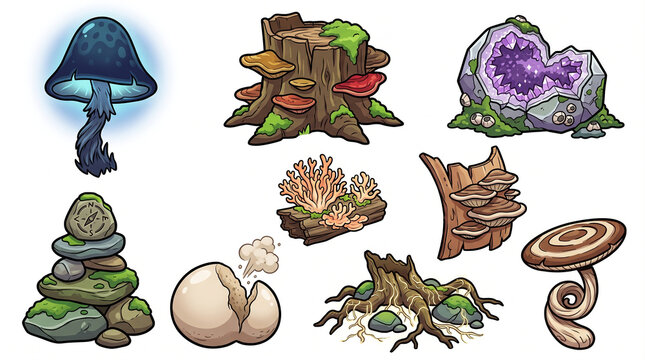 Enchanted forest natural elements and mushrooms set isolated on white background vector illustration