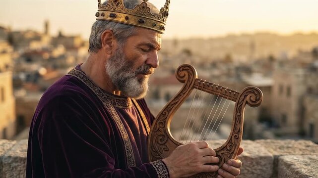Older biblical king david wearing a golden crown and dark purple robe plays a wooden harp while overlooking the ancient stone city of jerusalem during a beautiful warm golden sunset